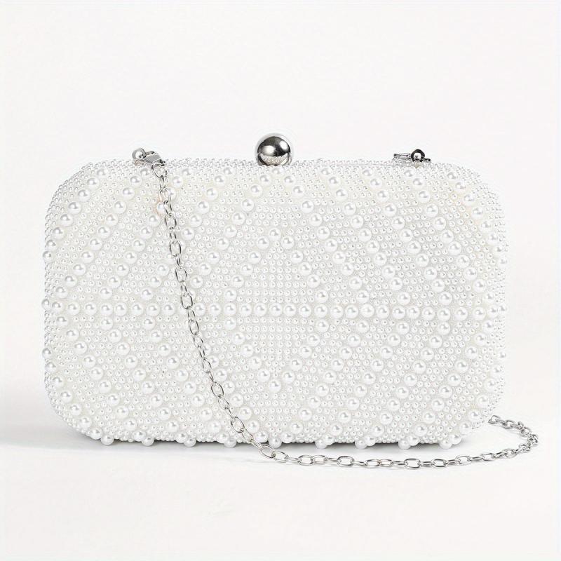 Pearl Decor Metal Chain Kiss Lock Clutch Elegant Frame Purse