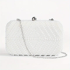 Pearl Decor Metal Chain Kiss Lock Clutch Elegant Frame Purse