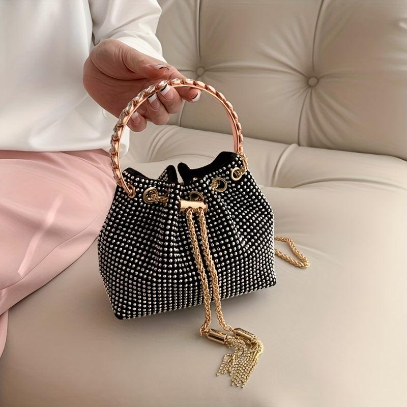 Rhinestone Decor Bucket Bag Glitter Chain Crossbody Bag
