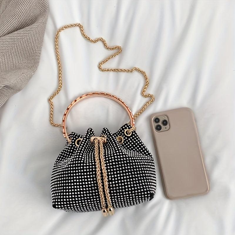 Rhinestone Decor Bucket Bag Glitter Chain Crossbody Bag