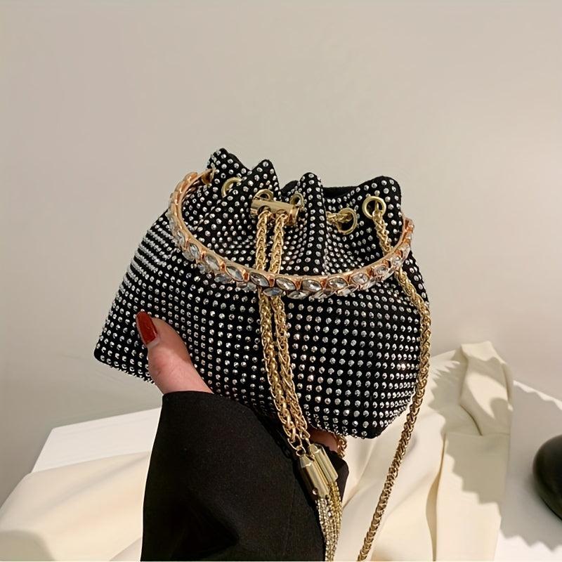 Rhinestone Decor Bucket Bag Glitter Chain Crossbody Bag