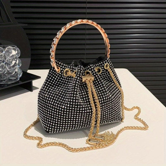 Rhinestone Decor Bucket Bag Glitter Chain Crossbody Bag
