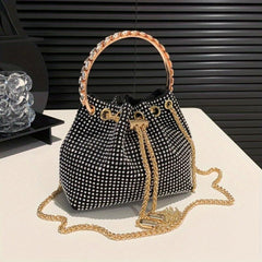 Rhinestone Decor Bucket Bag Glitter Chain Crossbody Bag