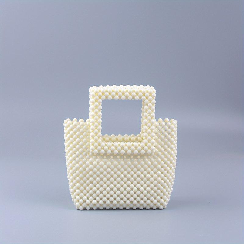 Faux Pearl Beaded Woven Clutch Handbag Square Bag for Wedding Prom