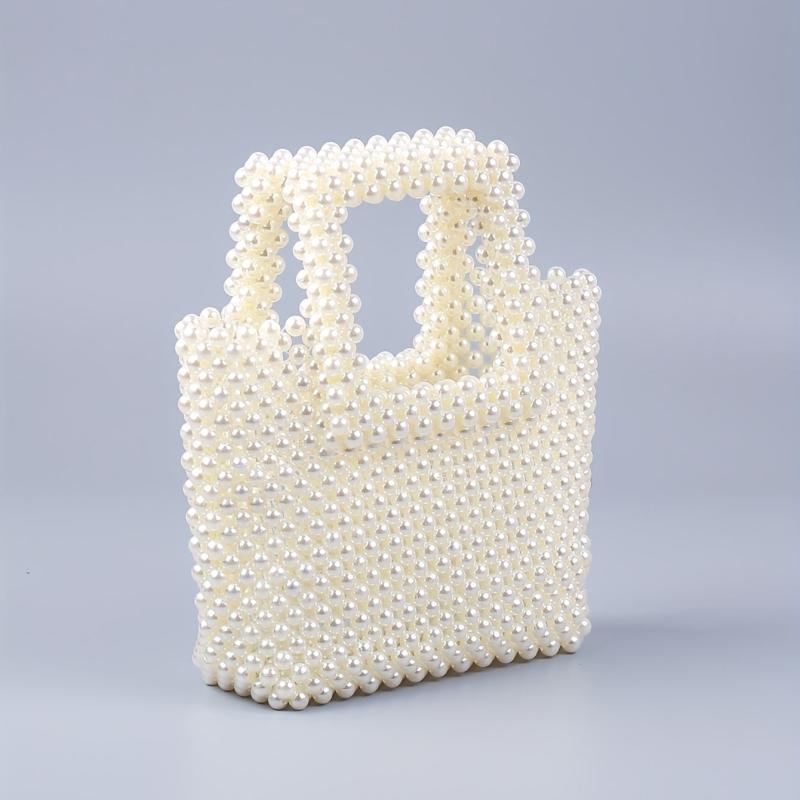 Faux Pearl Beaded Woven Clutch Handbag Square Bag for Wedding Prom