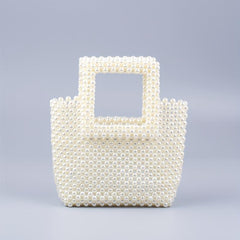 Faux Pearl Beaded Woven Clutch Handbag Square Bag for Wedding Prom