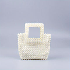 Faux Pearl Beaded Woven Clutch Handbag Square Bag for Wedding Prom