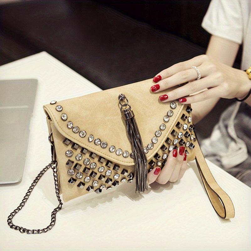 Rhinestone Tassel Clutch Bag Chain Strap PU Leather Crossbody Bag