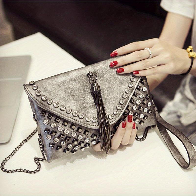 Rhinestone Tassel Clutch Bag Chain Strap PU Leather Crossbody Bag
