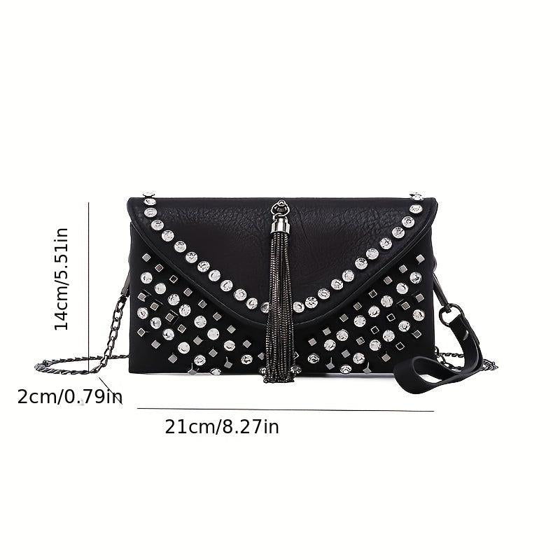 Rhinestone Tassel Clutch Bag Chain Strap PU Leather Crossbody Bag