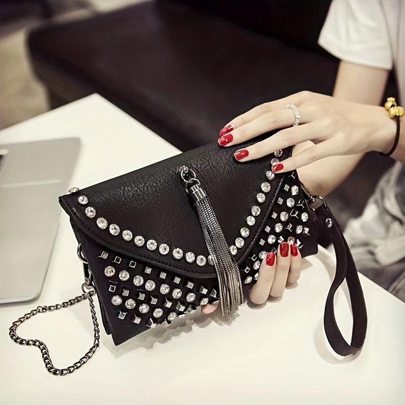 Rhinestone Tassel Clutch Bag Chain Strap PU Leather Crossbody Bag