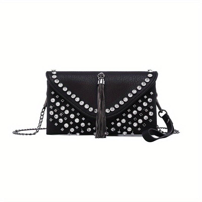 Rhinestone Tassel Clutch Bag Chain Strap PU Leather Crossbody Bag