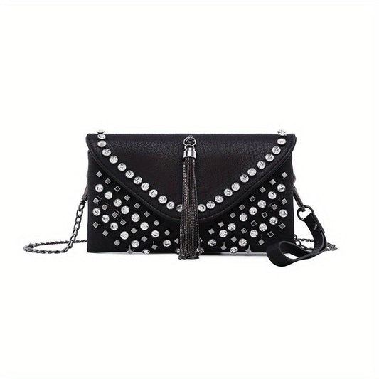Rhinestone Tassel Clutch Bag Chain Strap PU Leather Crossbody Bag