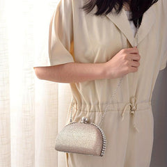 Elegent Pearl Decor Crossbody Clutch Bag Glitter Textured PU Frame Bag