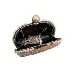 Elegent Pearl Decor Crossbody Clutch Bag Glitter Textured PU Frame Bag