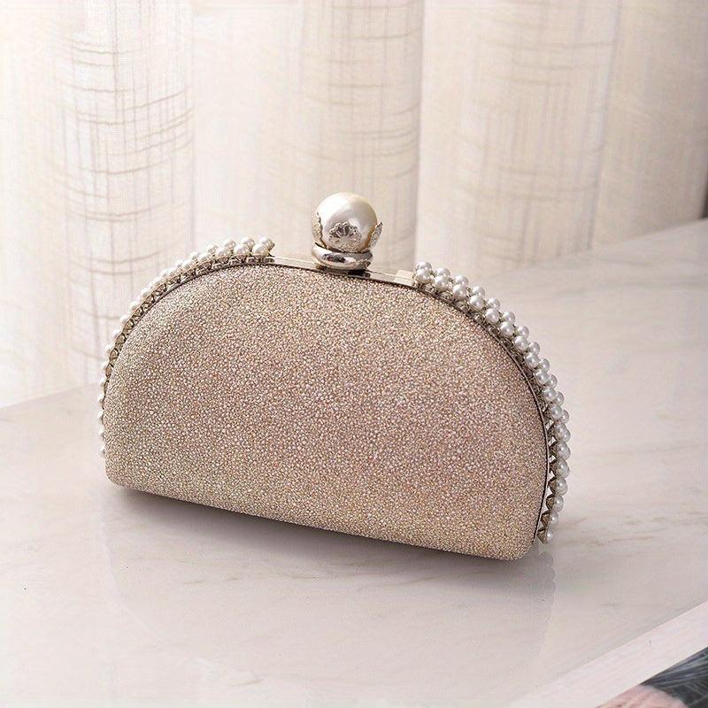 Elegent Pearl Decor Crossbody Clutch Bag Glitter Textured PU Frame Bag