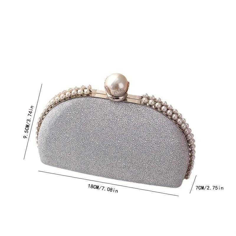 Elegent Pearl Decor Crossbody Clutch Bag Glitter Textured PU Frame Bag