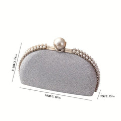 Elegent Pearl Decor Crossbody Clutch Bag Glitter Textured PU Frame Bag