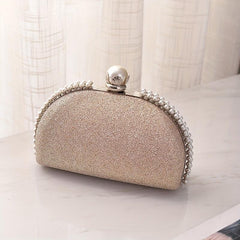 Elegent Pearl Decor Crossbody Clutch Bag Glitter Textured PU Frame Bag