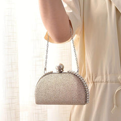 Elegent Pearl Decor Crossbody Clutch Bag Glitter Textured PU Frame Bag