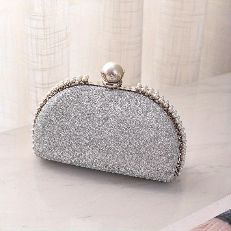 Elegent Pearl Decor Crossbody Clutch Bag Glitter Textured PU Frame Bag