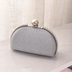 Elegent Pearl Decor Crossbody Clutch Bag Glitter Textured PU Frame Bag