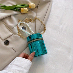 Mini Glossy Pearl Metal Chain Crossbody Bucket Bag PU Leather Textured Bag