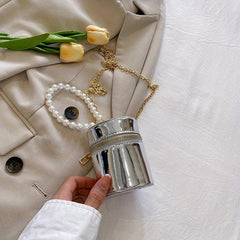 Mini Glossy Pearl Metal Chain Crossbody Bucket Bag PU Leather Textured Bag