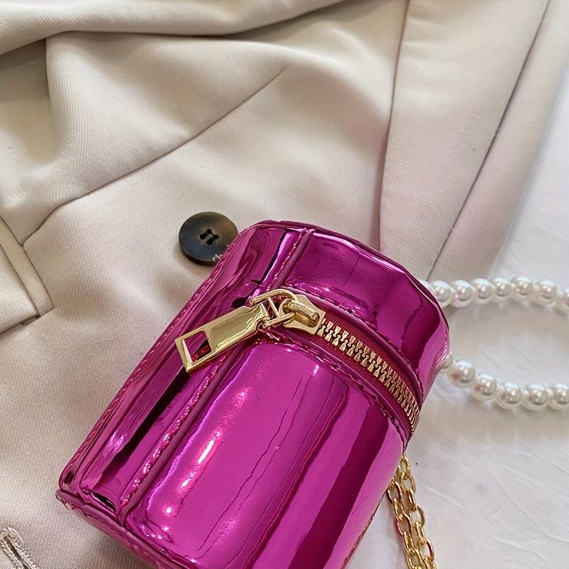 Mini Glossy Pearl Metal Chain Crossbody Bucket Bag PU Leather Textured Bag