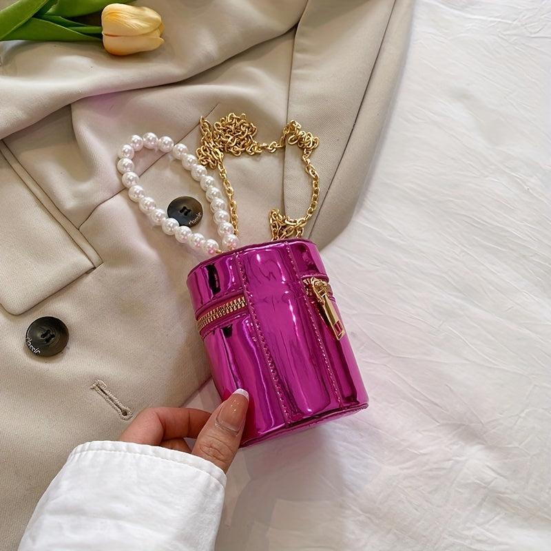 Mini Glossy Pearl Metal Chain Crossbody Bucket Bag PU Leather Textured Bag