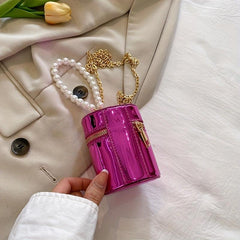 Mini Glossy Pearl Metal Chain Crossbody Bucket Bag PU Leather Textured Bag