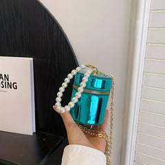 Mini Glossy Pearl Metal Chain Crossbody Bucket Bag PU Leather Textured Bag