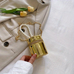 Mini Glossy Pearl Metal Chain Crossbody Bucket Bag PU Leather Textured Bag
