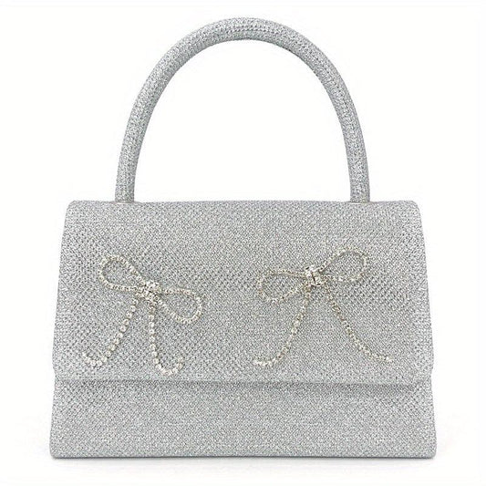 Rhinestone Bow Chain Satchel Bag Textured PU Flap Celebrity Evening Bag
