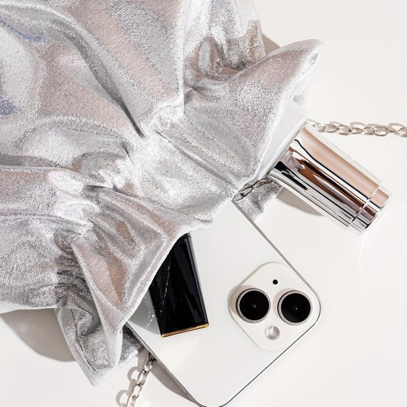 Small Glossy Pleated Metal Chain Clutch Bag Elegant Cloth Purse