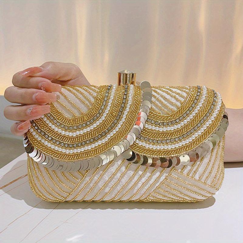 Sequin Glitter Clutch Bag Textured PU Leather Frame Elegant Evening Bag