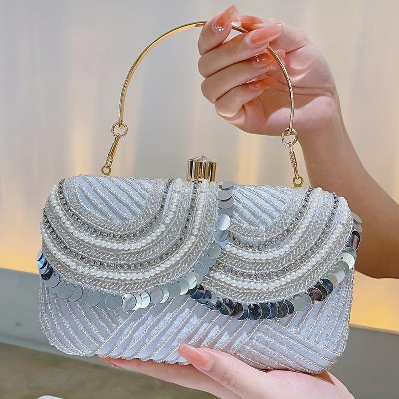 Sequin Glitter Clutch Bag Textured PU Leather Frame Elegant Evening Bag