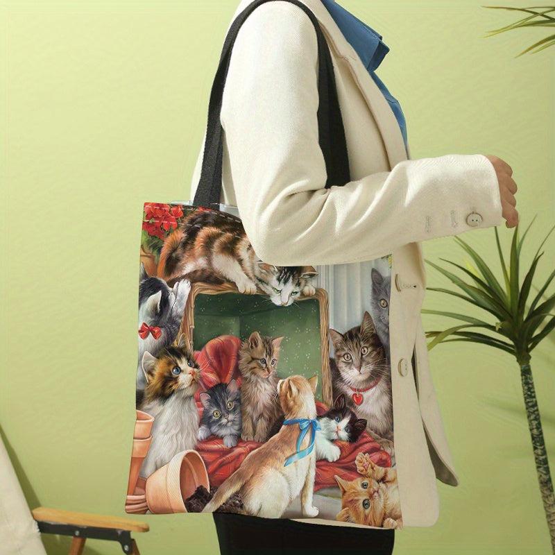 Cats Pattern Canvas Tote Bag Large Capacity Shoulder Bag