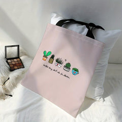 Cactus Print Canvas Tote Bag Large Capacity Reusable Shoulder Bag