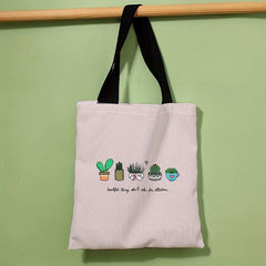 Cactus Print Canvas Tote Bag Large Capacity Reusable Shoulder Bag