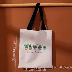 Cactus Print Canvas Tote Bag Large Capacity Reusable Shoulder Bag