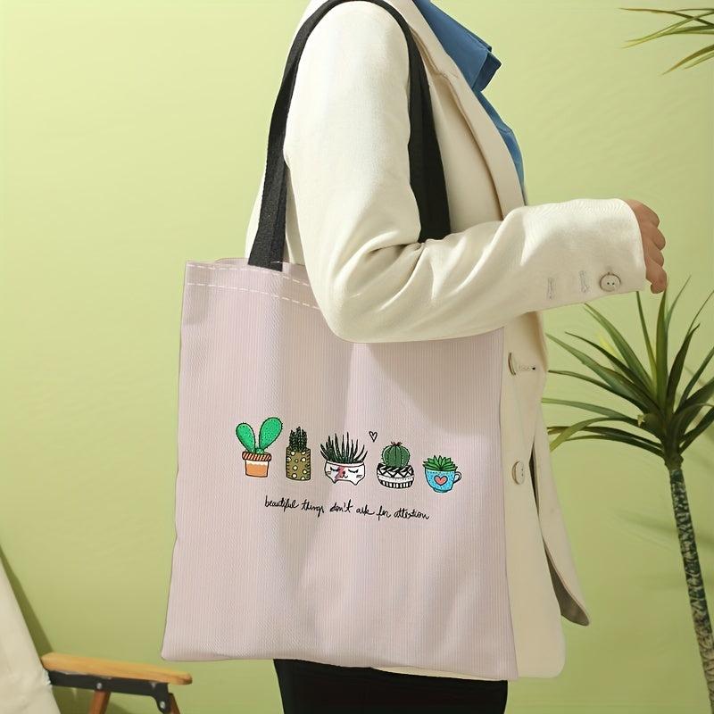 Cactus Print Canvas Tote Bag Large Capacity Reusable Shoulder Bag