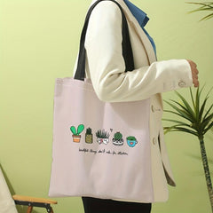 Cactus Print Canvas Tote Bag Large Capacity Reusable Shoulder Bag