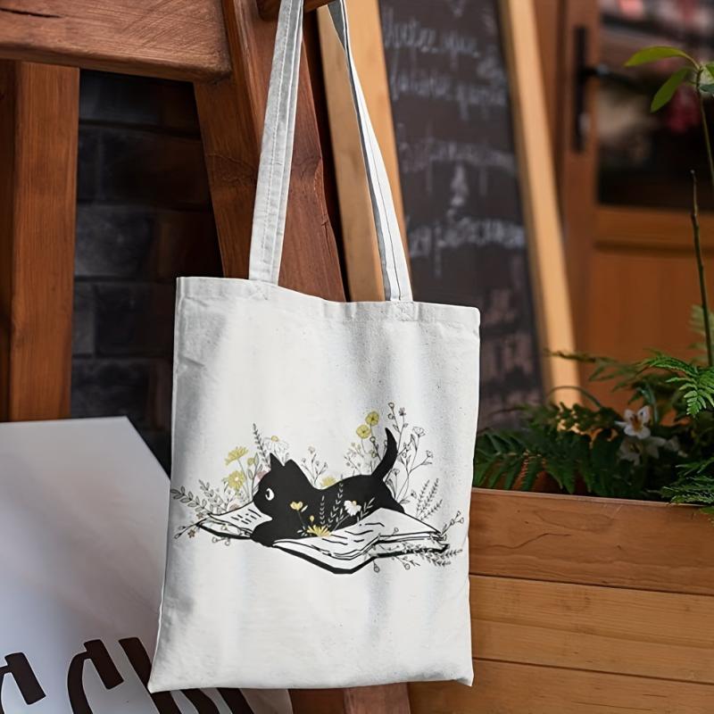 Cartoon Cat Print Canvas Bag Lightweight Versatile Storage Handbag