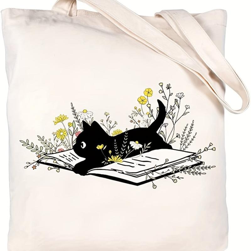 Cartoon Cat Print Canvas Bag Lightweight Versatile Storage Handbag