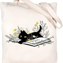 Cartoon Cat Print Canvas Bag Lightweight Versatile Storage Handbag