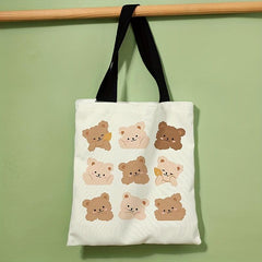 Cartoon Bear Print Shoulder Bag Canvas Satchel Lightweight Shopper Bag