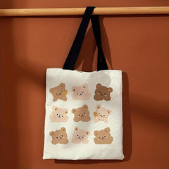 Cartoon Bear Print Shoulder Bag Canvas Satchel Lightweight Shopper Bag