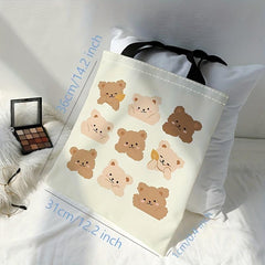 Cartoon Bear Print Shoulder Bag Canvas Satchel Lightweight Shopper Bag