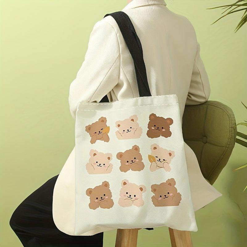 Cartoon Bear Print Shoulder Bag Canvas Satchel Lightweight Shopper Bag